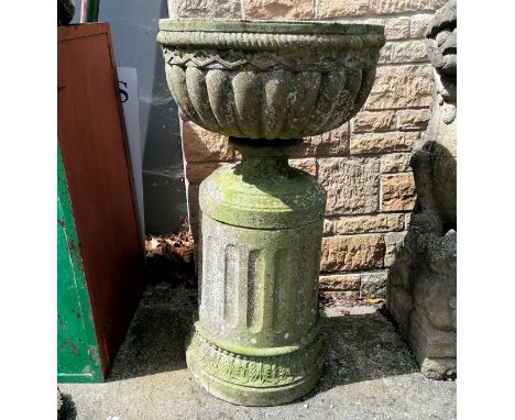 Large 3 part fluted circular planter and pedestal. In good condition. 54cm diameter x 100cm high 