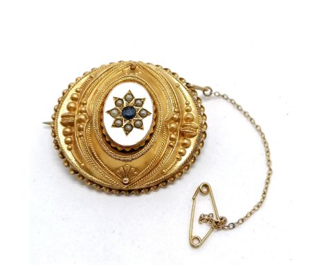 Antique / Victorian 9ct gold marked 9ct, blue stone &amp; pearl set brooch (with safety chain) - 3.8cm diameter &amp; 6.3g to