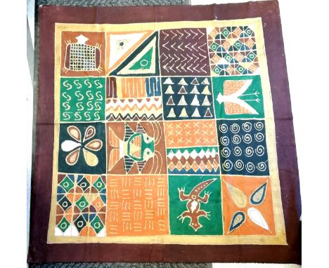 Vintage ethnic hand painted painting on cloth depicting geometric patterns with animal details - 153cm x 149cm 