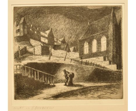 ELLIS R. MILNE (EARLY-MID 20TH CENTURY)  Night in Edinburgh,  engraving, indistinctly signed lower right, 16.5cm x 18.5cm, mo