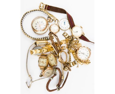 A nine carat gold cased early twentieth Century ladies watch, replaced bracelet; a nine carat gold cased late nineteenth/earl