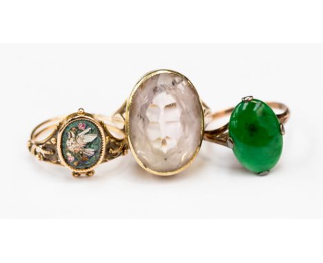 An 18ct gold ring set with cabochon jade stone ring size M, a yellow metal Victorian ring set with mosaic pattern of bird in 