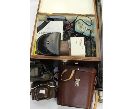 A wooden box of camera filters camera and light meters etc a Zeiss Ikon cased camera, a Olympus Super Zoom AZ 300, tripod and