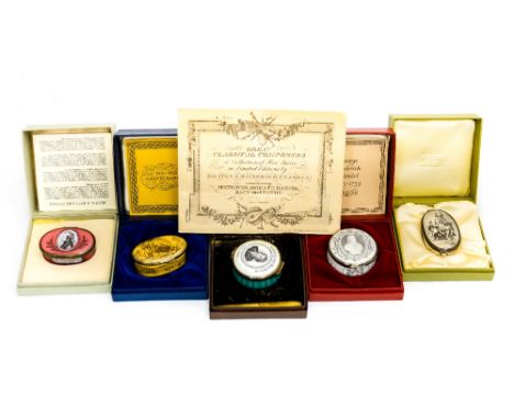 A collection of enamelled pill boxes, depicting various composers; together with a print depicting flowers and another of a t