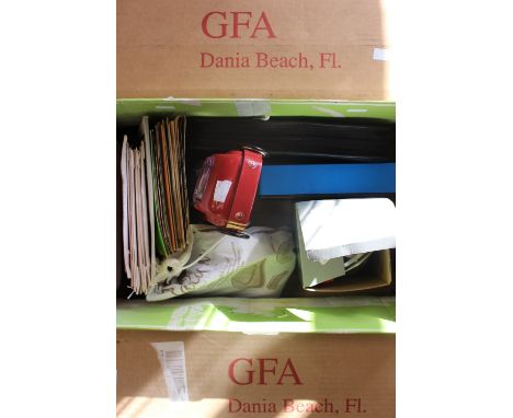 A Jacaru hat in a bag, records, prints, cased pool set, tins, Dunlop clock etc (3 boxes) (2 boxes of posters)