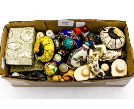 A collection of Chinese snuff bottles, glass, bone, ceramic some with silver overlay (1 box)