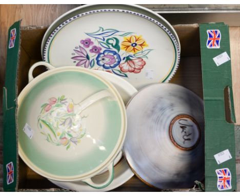 A Poole pottery studio plate, initiated by artist to base with a further Poole plate, a dessert set etc (one box) 
