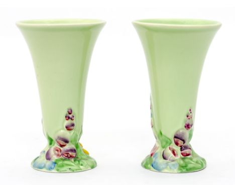 Clarice Cliff for Newport Pottery, a pair of trumpet shape Foxglove pattern vases