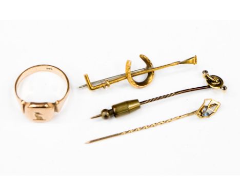A gentlemen's 9ct signet ring, size T with an Egyptian style dod stamp, a two stone old cut  stick pin along with a 9ct stick