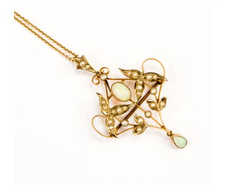 An opal and seed pearl set 9ct gold pendant, brooch and chain, gross weight 5.6 grams approx 