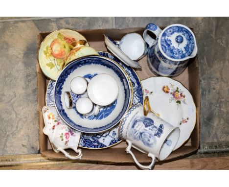 A Royal Crown Derby Posies cake plate with handle, a dinner plate, Old Avesbury gold dessert plate, Mikado cup saucer  and di