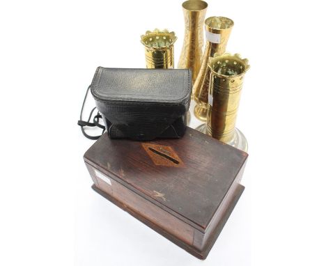 A pair of trench art shell cases with aluminium bases, a pair of Indian brass vases, a 19th Century money box (wooden) togeth