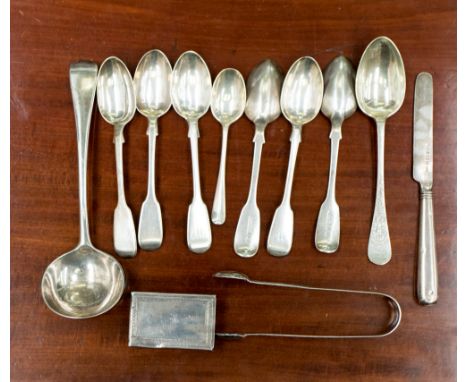 A group of silver spoons, including silver sauce ladle and white metal matchbox holder weighing approx 10.26 oz troy