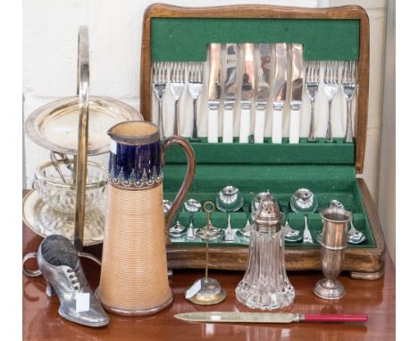 A small collection of cutlery, a Doulton Lambeth jug silver collar, a two tier cake plate, shoe pin cushion, etc (one box) 
