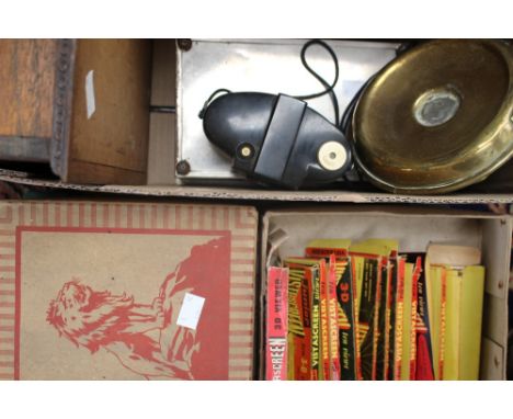 An early 19th century candlestick, a 1920s tin box, an oak 1920s Brownie 127 camera, a Vistascreen viewer and slides (Q) parc