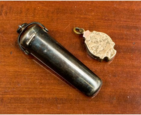 A silver cigar holder with ring to clip to a watch chain, Birmingham 1912; together with a watch chain locket with duo doors,