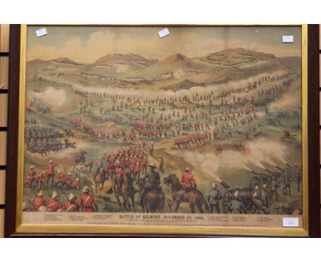 A framed and glazed 'Battle of Belmont' print, possibly hand tinted, November 23rd 1899, possibly printed by Bacon & Co