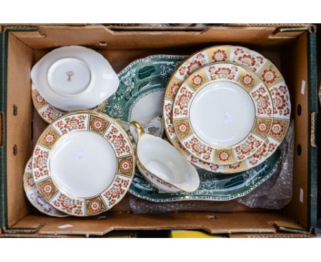 Royal Crown Derby 'Derby Red Panel' plates (27) (assorted size) and sauce boat, a Spode large meat plate, posy dish and butte