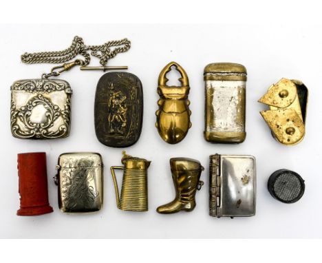 A bag of ten vestas, including novelty G.R. post box, brass novelty safe, beetle jug, mixed metal with Samurai warrior, etc 