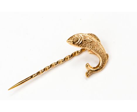 A 9ct rose gold stick pin in the form of a leaping trout, makers mark H.O&S, probably Henry Owen and Sons Ltd, head approxima