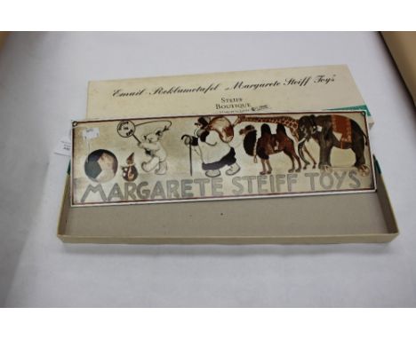 A boxed Steiff metal advertising plaque 'Margarette Steiff Toys' 