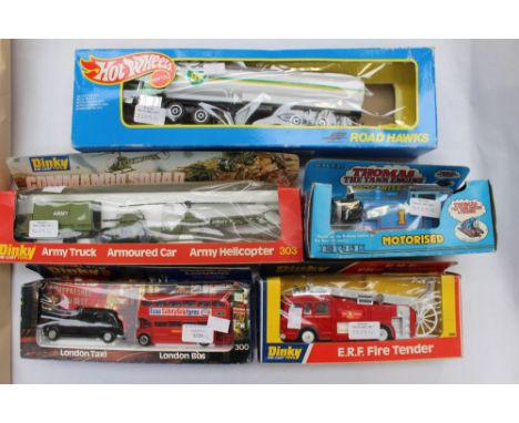 Dinky boxed London Scene, Dinky boxed ERF Fire Tender, Dinky boxed Coomando Squad and Hot wheels and Thomas the Tank Engine (