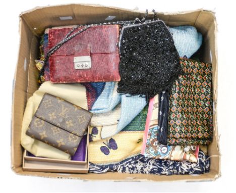 A collection of evening bags, headscarf Luis Vuitton purse, as new, boxed, jewel box and two needlework and knitting accessor
