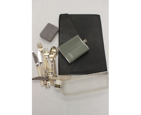 Concorde interest - cutlery, hip flask, silver pendant, salt by Royal Doulton, leather document pouch, etc (one bag) 