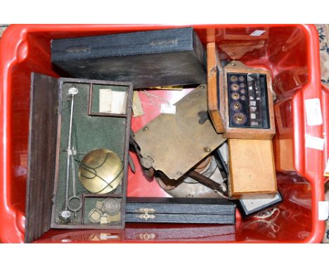 A box of weights related items, including Salter, two boxes of un-named precision scales, one with weights, three cased sets 
