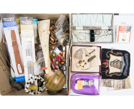 A box containing a collection of assorted costume jewellery comprising mother-of-pearl chip bangle, ivory coloured fan, vario