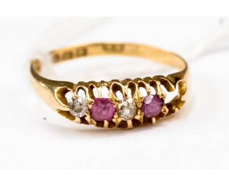 18ct gold ruby and diamond ring (AF)  boat style size  O 1/2 total gross weight approx 2.3gms