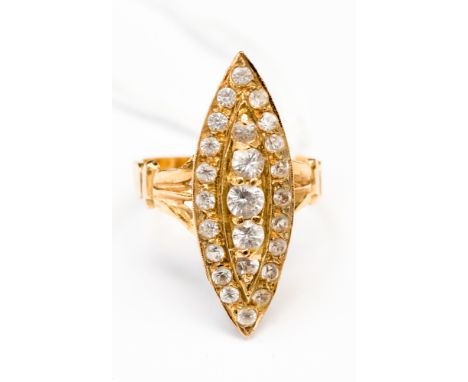 An Egyptian marquise shape possibly 14ct gold ring set with white stones size S with a total gross weight of 6.9gms