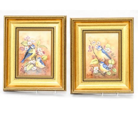 A pair of framed ceramic plaques, signed P Gosling, Blue Tits on a branch, Gosling was a Coalport artist 