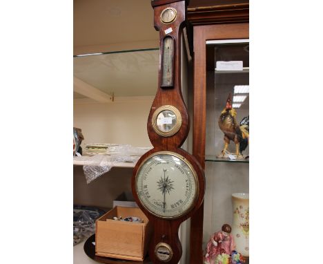 A Georgian barometer, no mercury, along with two early prints and tea cards 
