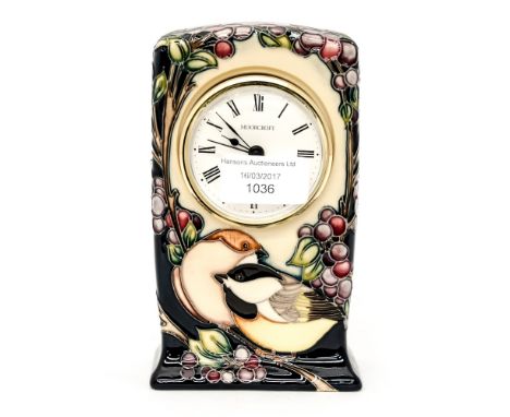 A Moorcroft Trial mantle clock, Finches pattern 