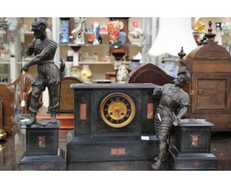 A marble clock and garniture (one garniture af) 