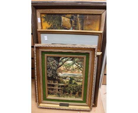 A collection of pictures, including an impressionist scene depicting an African swampland scene showing figures in canoes, a 