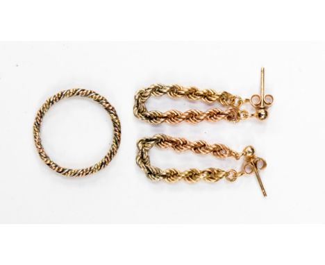 A 9ct tri coloured gold rope twist ring size K, and matching earring set with a combined total gross weight approx 3.3 grams 