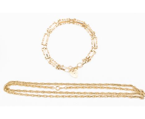 A 9ct gold gate and padlock bracelet approx, 5 grams together with a 9ct gold chain approx, 13 grams (2) 