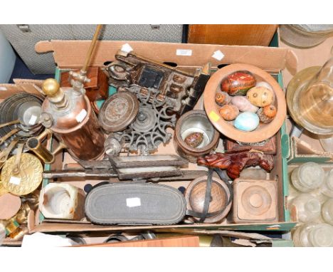 Cased binoculars, brass clock, carved wood jars, copper sprayer, 1930s chopper, treen items etc