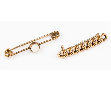 A  gold chain bar brooch possibly 15ct gold with a length of 4cm and total weight of 3.8 grams; together with a 9ct gold broo