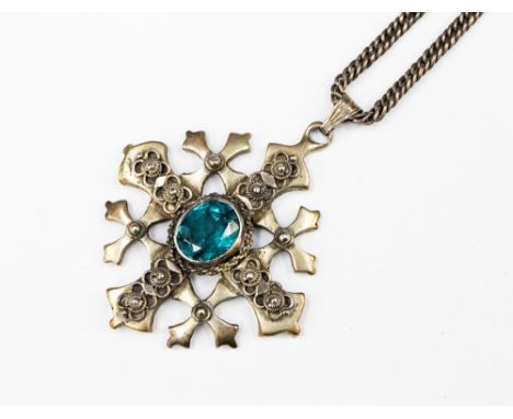 An 800 silver Jerusalem pendant and chain with a dark blue topaz, 1.8 ozt, 56.1 grams gross approx 