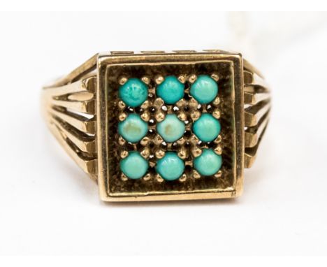 A turquoise set 9ct gold square signet ring, size K, 4.0 grams approx 