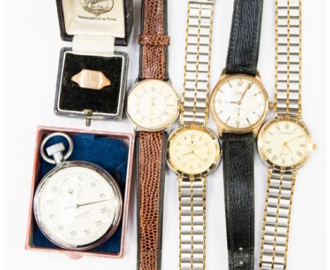 Four 20th Century wristwatches and stopwatch; along with a 9ct signet ring 