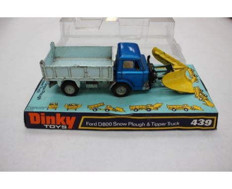 Dinky No.439 Ford D800 Snow Plough and Tipper Truck, metallic blue cab, light blue back, silver chassis, white interior, cast