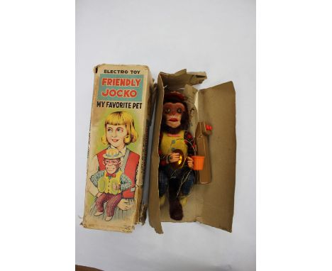 A Japanese battery driven Friendly Jocko, Monkey playing cymbals, boxed via Rock Valley Toys 