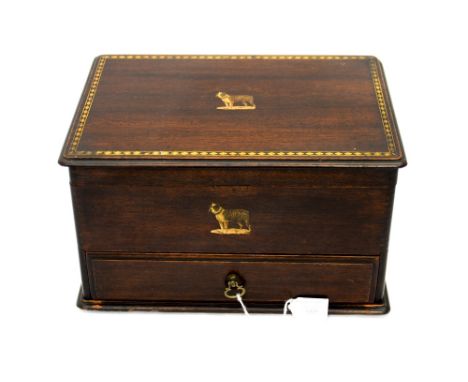 A 19th Century French mahogany jewel chest with transfer print of a French Bulldog and painted inlay