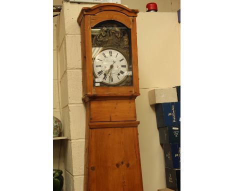 A 19th Century French pine cased longcase clock, the white porcelain dial with black Roman numerals, inscribed 'Loius Riquois