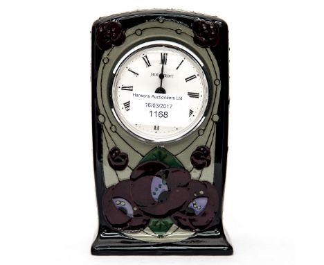 A Moorcroft mantle clock in the 'Rennie Rose' pattern