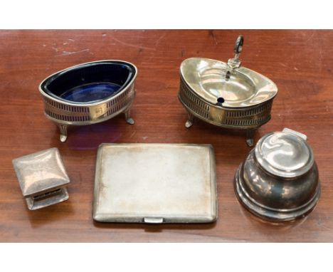 Hallmarked silver engine turned cigarette case, Birmingham 1956, silver inkwell, silver pierced salt and mustard pot, with Br